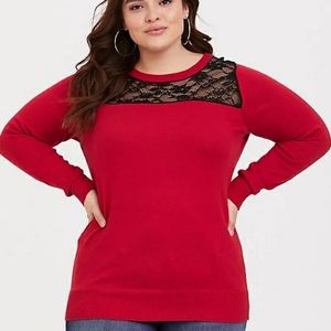 Red sweater with black lace